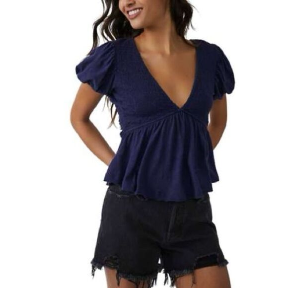 Free People Charlotte V-Neck Blouse In Evening Eclipse - Picture 1 of 5